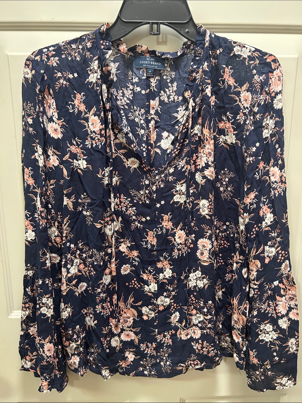 Lucky Brand Navy Floral V-Neck Tie Blouse with Peach Accents